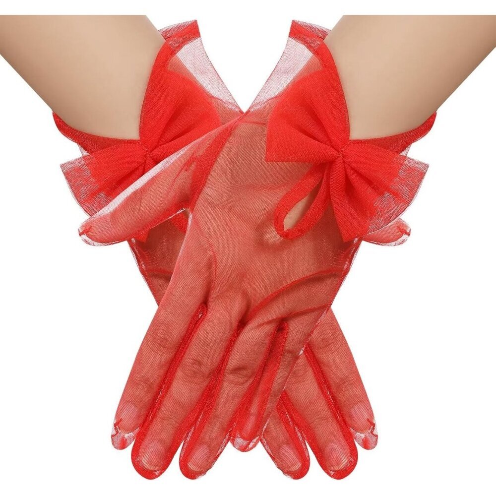 Women's Red Evening Mesh Sheer Tulle Short Length Gloves Wrist Tea Party Prom